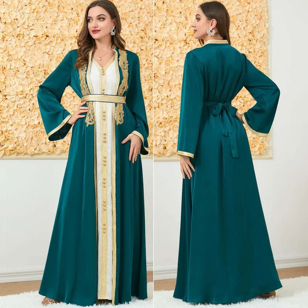 Teal and cream embroidered long sleeve foreign trade dress with gold thread detailing and gold trim abaya