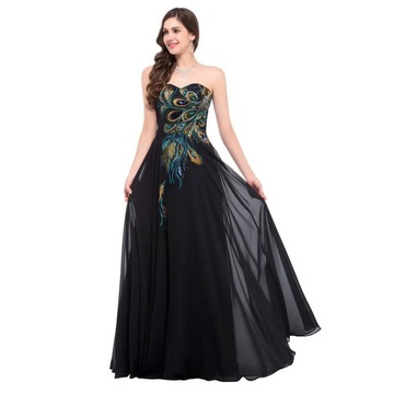 Black strapless chiffon evening gown embroidered peacock heart design with iridescent blue green and gold threads on bodice