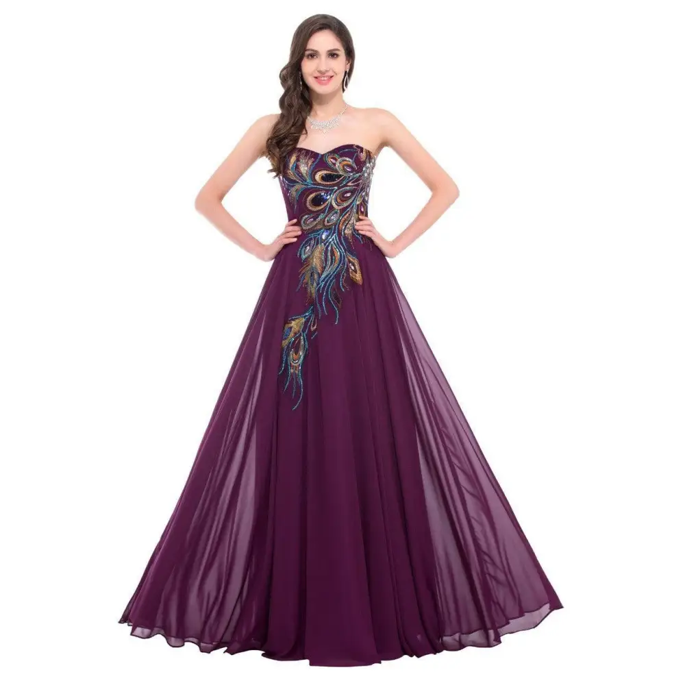 A royal blue strapless chiffon heart collar dress with embroidered peacock heart details in teal and gold