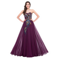 Elegant strapless chiffon purple heart collar dress with embroidered peacock heart featuring gold blue and green sequins