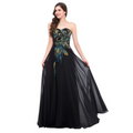 Black strapless chiffon evening gown with embroidered peacock heart design on bodice heart collar dress
