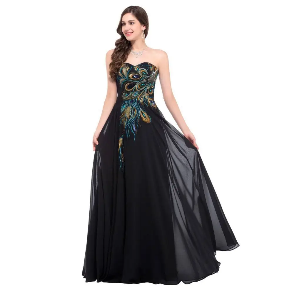 Black strapless chiffon evening gown with embroidered peacock heart design on bodice heart collar dress