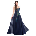 A navy blue strapless chiffon heart collar dress embroidered peacock heart with intricate feather embroidery