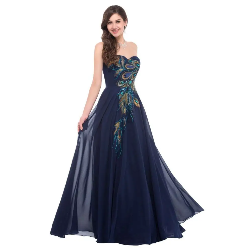 A navy blue strapless chiffon heart collar dress embroidered peacock heart with intricate feather embroidery