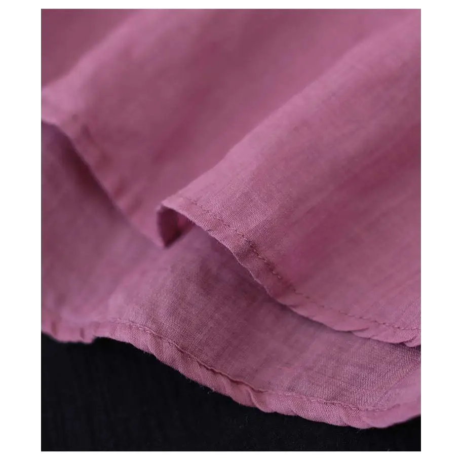 Soft pink embroidered fashion retro cotton linen blouse made of textured linen fabric with neatly stitched edges