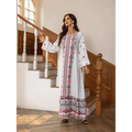 White embroidered rhinestone bead long sleeve maxi dress with colorful floral print patterns on front placket hemline and cuffs