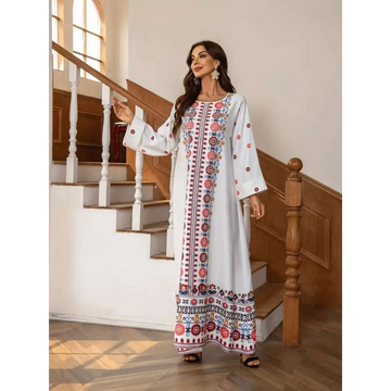 White embroidered rhinestone bead long sleeve maxi dress with colorful geometric patterns on placket hem and cuffs
