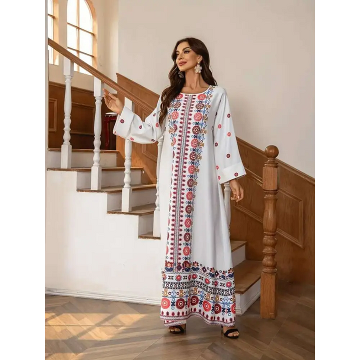 Embroidered Rhinestone Bead Long Sleeve Maxi Dress