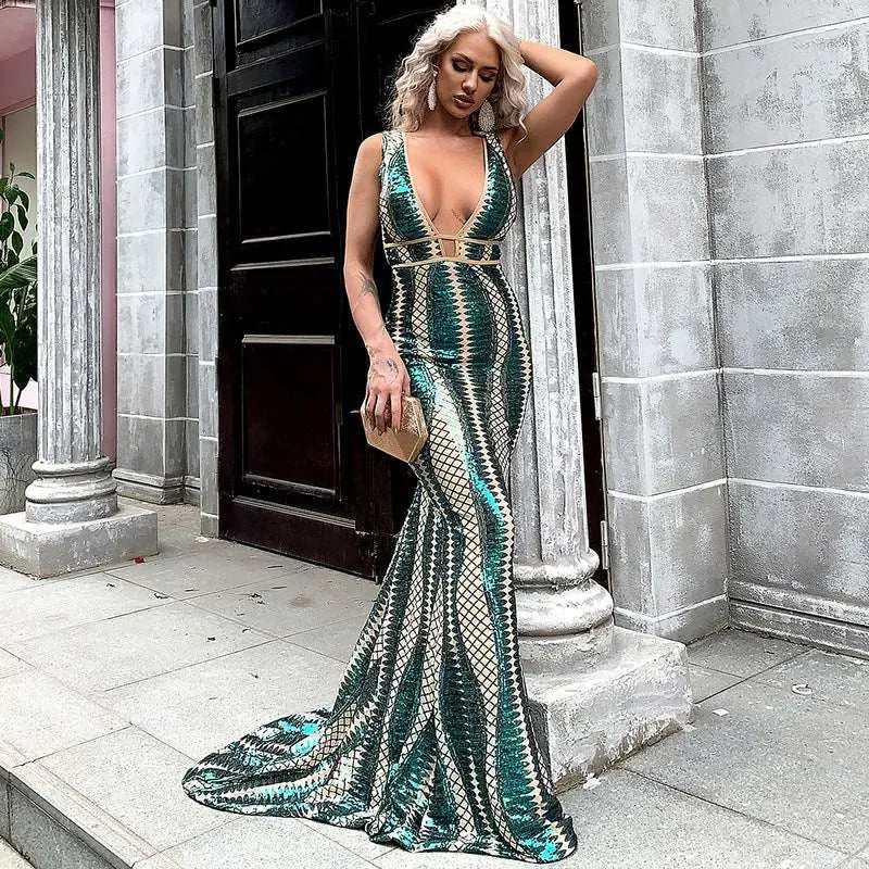 Emerald gold geometric sequin evening dress with plunging neckline and intricate gold geometric patterns