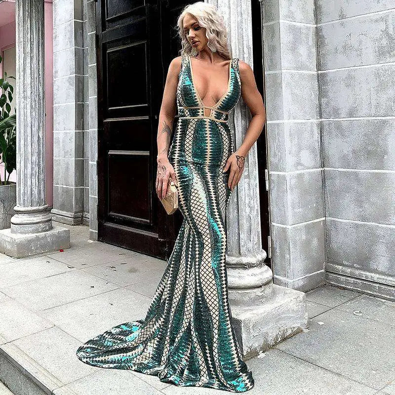 Emerald gold geometric sequin evening dress with shimmering emerald and silver sequins and a fitted mermaid silhouette