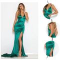 Emerald green satin mermaid gown with plunging v-neckline and high slit for company annual meeting attire