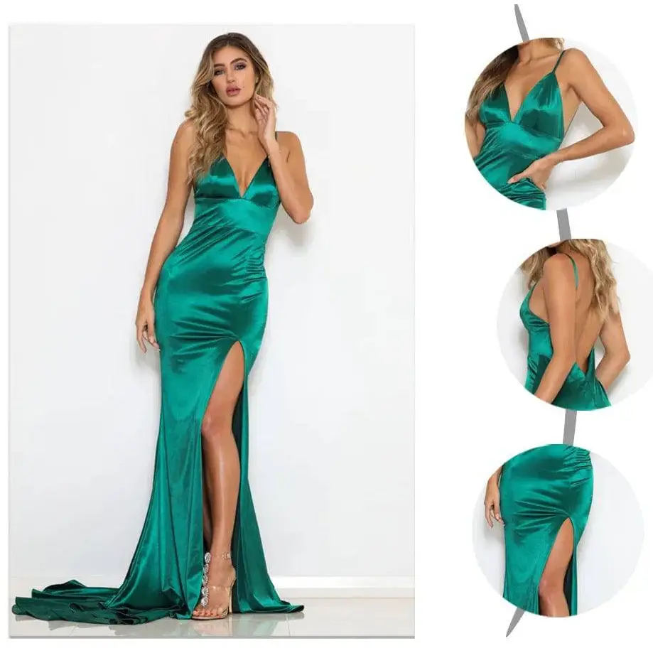 Emerald green satin mermaid gown with plunging v-neckline and high slit for company annual meeting attire