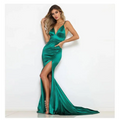 Emerald green satin mermaid gown with plunging neckline and high slit for company annual meeting attire