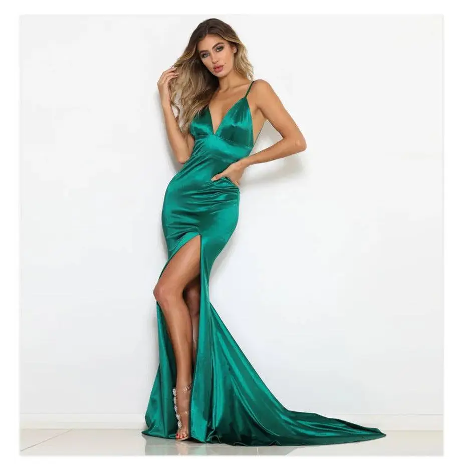 Emerald green satin mermaid gown with plunging neckline and high slit for company annual meeting attire