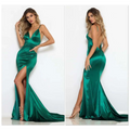 Emerald green satin mermaid gown with plunging v-neckline and high slit ideal for company annual meeting events