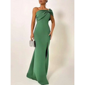 A sleek emerald green bow tube one shoulder evening gown with draped bow and high side slit for formal occasions