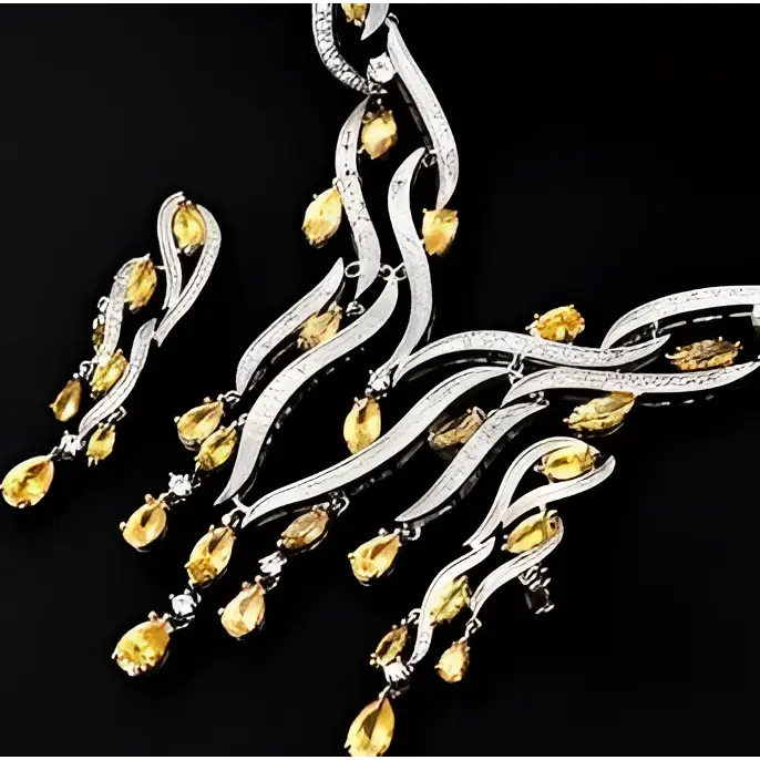 A sparkling silver necklace and earrings zircon jewelry set with vibrant yellow gemstones and emerald green crystal accents
