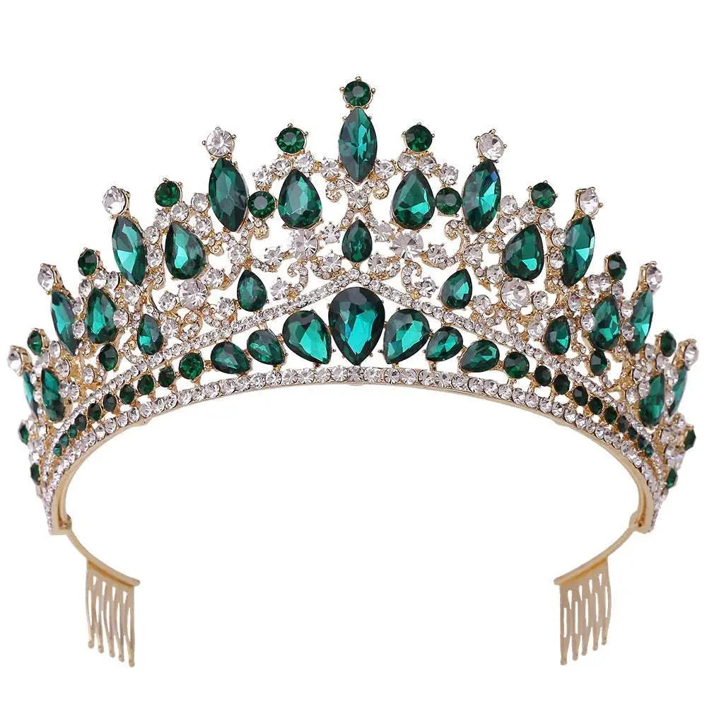 A sparkling gold fashion bridal knot tiara adorned with emerald green and clear crystal teardrop-shaped stones