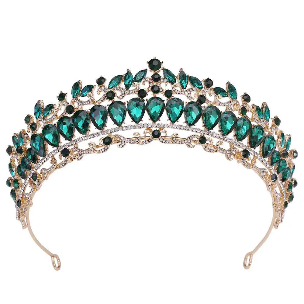 Emerald green and black crystal bridal knot tiara with sparkling gold fashion metalwork in gold tone for weddings