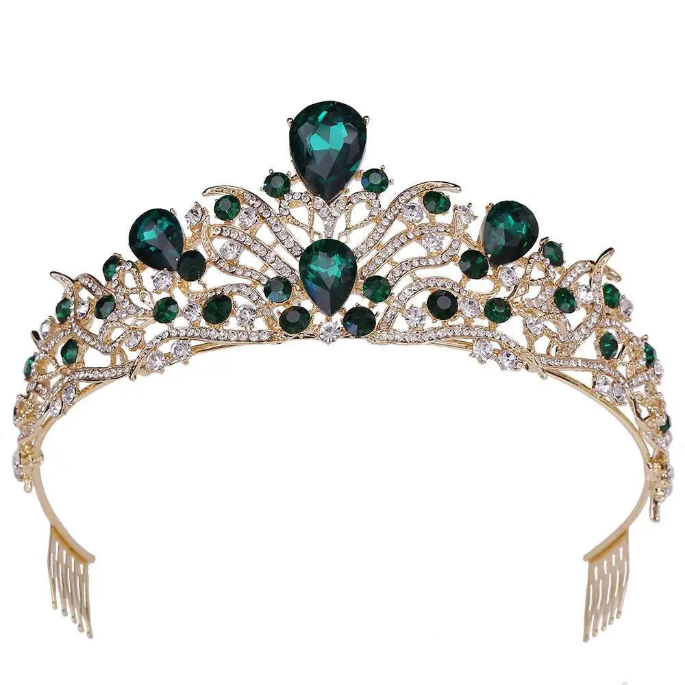 A gold-toned bridal knot tiara with emerald green teardrop crystals and clear rhinestones sparkling fashion accessory
