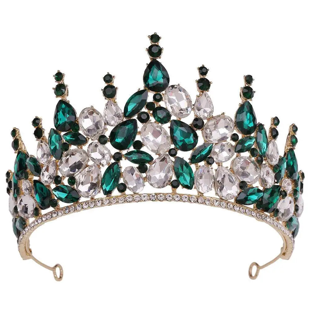 Emerald green bridal knot tiara with sparkling gold fashion metal base featuring clear crystal accents