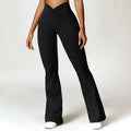 Black high-waisted flared american hip raise yoga pants with gathered waistband and side pockets for activewear