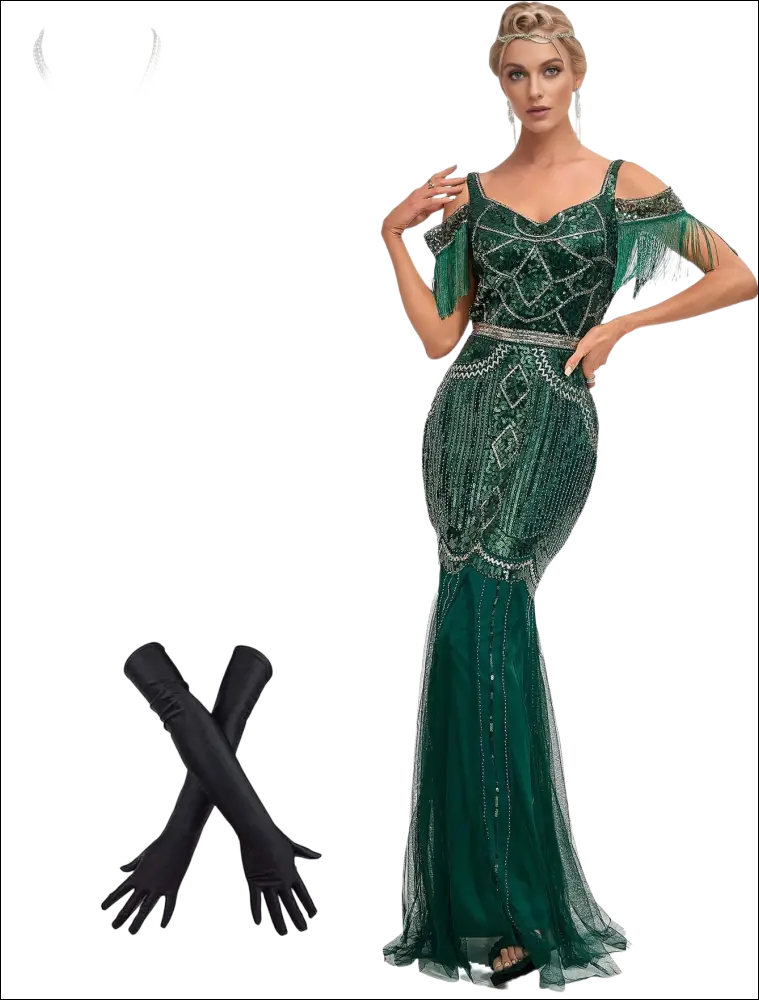 Emerald green luxury women’s fashion flapper dress with beaded fringe and silver embellishments perfect for pearl necklace styling