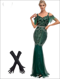 Emerald green luxury women’s fashion flapper dress with beaded fringe and silver embellishments perfect for pearl necklace styling