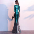 Emerald green sequined polyester fiber annual meeting gown with fitted mermaid silhouette and three-quarter sleeves