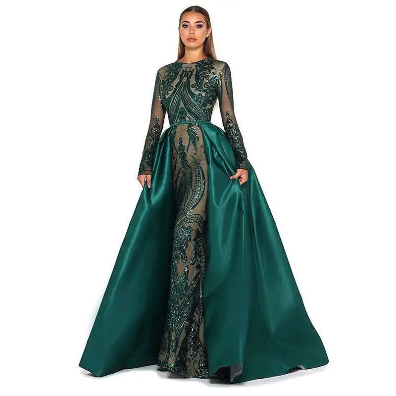 Emerald green satin lace evening dress featuring intricate black lace and sequin detailing on bodice and sleeves