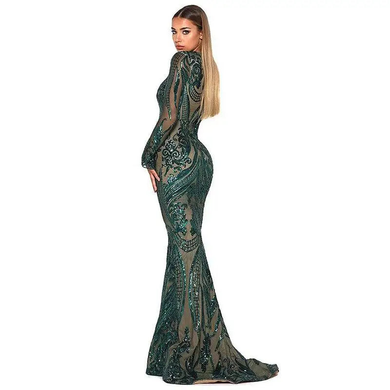 Emerald green satin lace evening dress with mermaid style, sheer long sleeves, and intricate sequined floral patterns