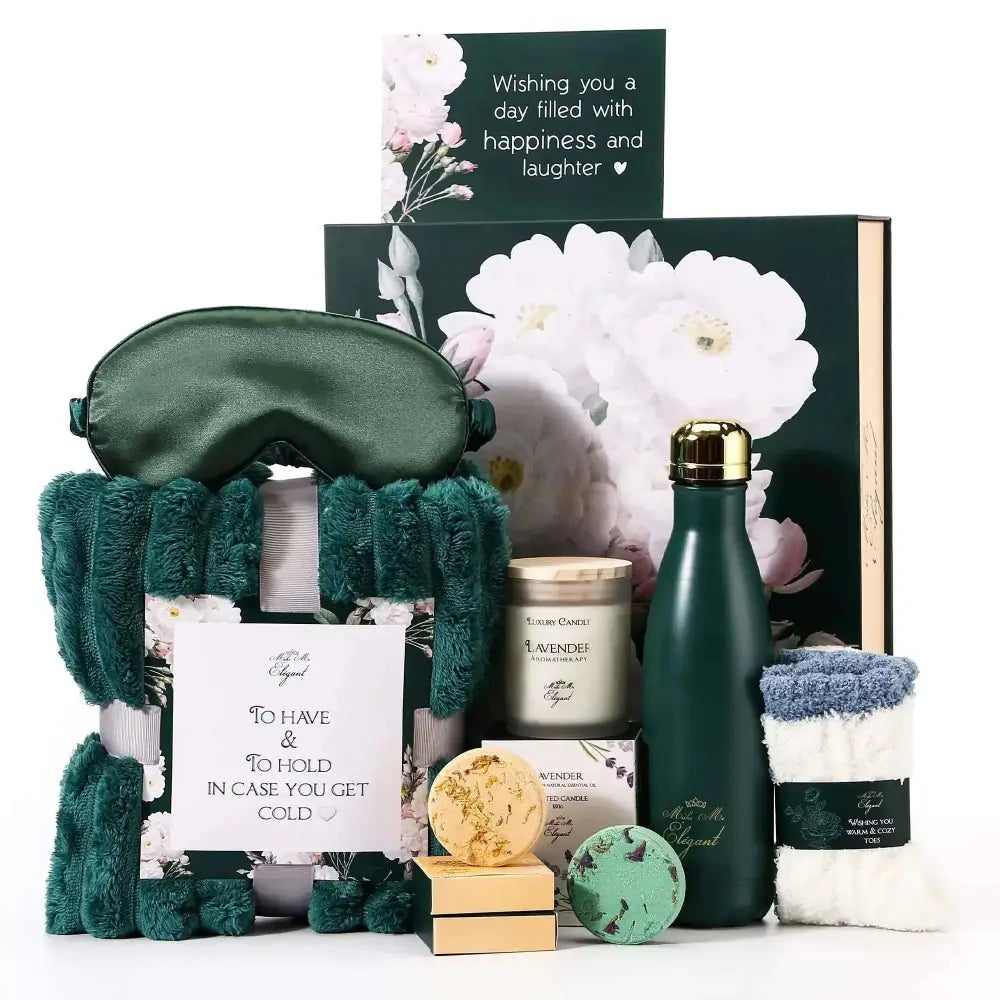 Emerald green satin sleep mask with plush fuzzy trim in a sleep mask birthday gift set for relaxation and comfort