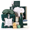 Emerald green satin sleep mask with plush fuzzy trim in a sleep mask birthday gift set for restful sleep