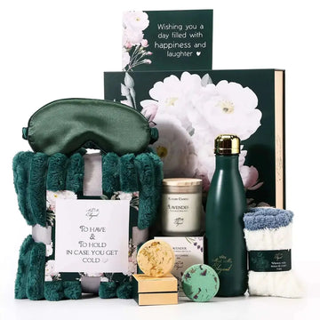 Emerald green satin sleep mask with plush fuzzy trim in a sleep mask birthday gift set for relaxation and comfort