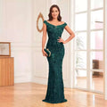 Emerald green sequined high waist mermaid gown with off-the-shoulder neckline and fitted silhouette