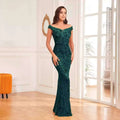 Emerald green sequined off-the-shoulder high waist mermaid gown with form-fitting silhouette and elegant design
