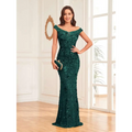 Emerald green sequined high waist mermaid gown featuring an off-the-shoulder neckline and fitted silhouette
