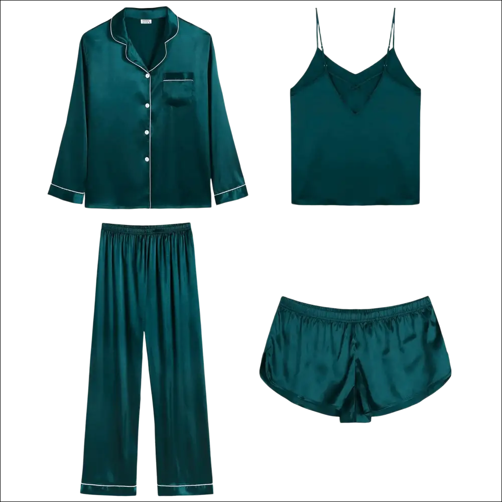 Emerald green silk sleepwear long sleeve pajama set with white piping details in satin fabric