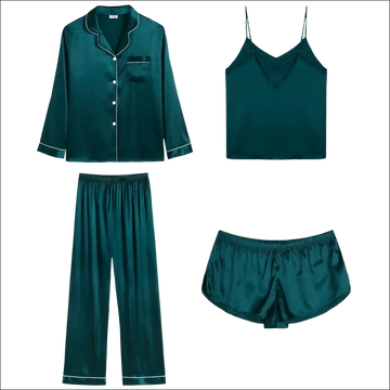 Emerald green silk sleepwear long sleeve pajama set with white piping details in satin fabric