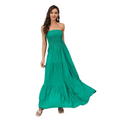 Emerald green strapless tiered maxi dress with smocked bodice and relaxed fit flowing fabric for elegant wear
