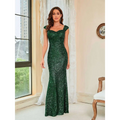 Emerald green suspenders mid waist sequin gown with cap sleeves and square neckline in mermaid style silhouette