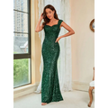 Emerald green suspenders mid waist sequin gown with cap sleeves and square neckline in mermaid silhouette