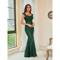 Emerald green suspenders waist sequin gown with cap sleeves featuring a square neckline in a mermaid silhouette