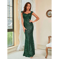 Emerald green suspenders mid waist sequin gown featuring cap sleeves and a sweetheart neckline in mermaid style