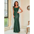 Emerald green suspenders mid waist sequin gown with cap sleeves and square neckline in mermaid style evening dress