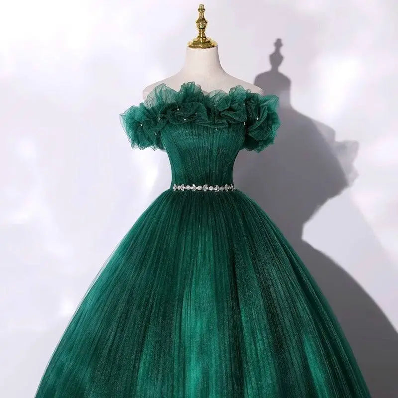 Emerald green tulle evening dress banquet with off-the-shoulder ruffled neckline and crystal belt for dress banquet temperament