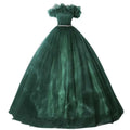 Emerald green tulle evening dress banquet with ruffled off-the-shoulder sleeves and beaded waistband for dress banquet temperament