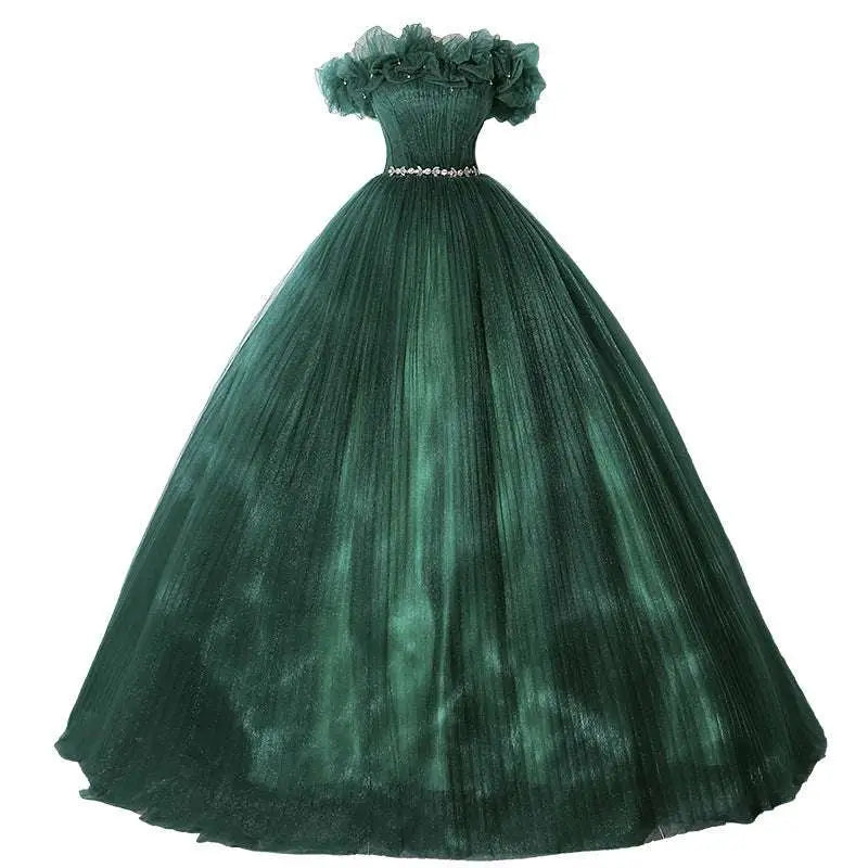 Emerald green tulle evening dress banquet with ruffled off-the-shoulder sleeves and beaded waistband for dress banquet temperament