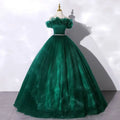 Emerald green tulle evening dress banquet with ruffled off-the-shoulder neckline and beaded waistband for dress banquet temperament