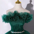 Emerald green tulle evening dress banquet with off-the-shoulder layered ruffles and a sparkling crystal belt